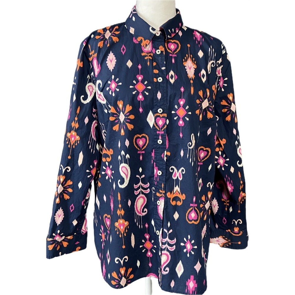 Talbots Shirt Womens XLP Petite Blue Paisley Button Up Long Sleeve Cotton